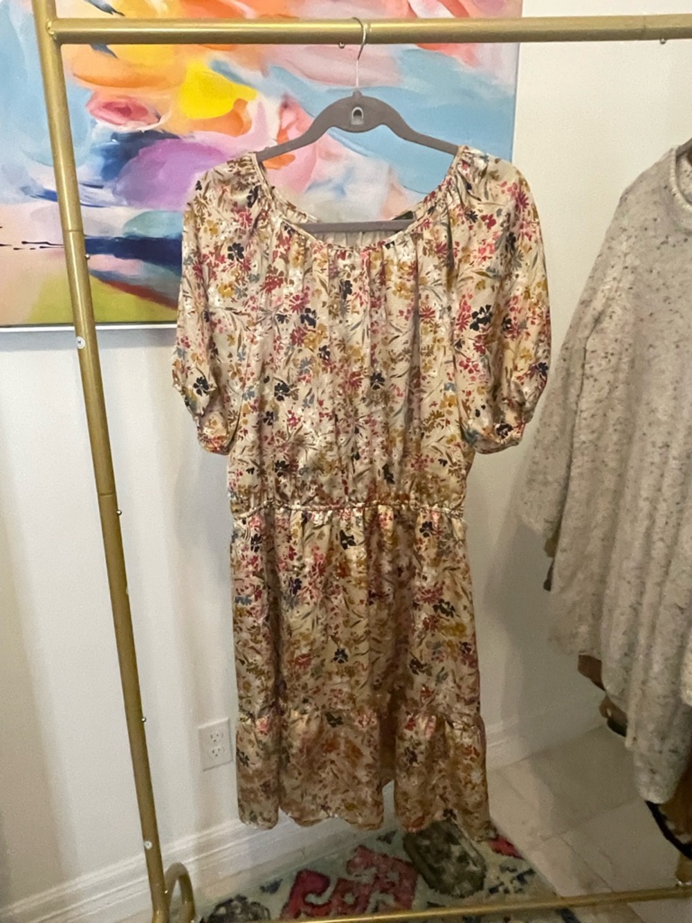 Ann Taylor Floral Elastic-Waist Midi Dress in Cream and Multicolor Large - Picture 4 of 6